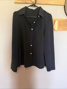 SHEIN Black Lace-Trim Button Down Blouse
